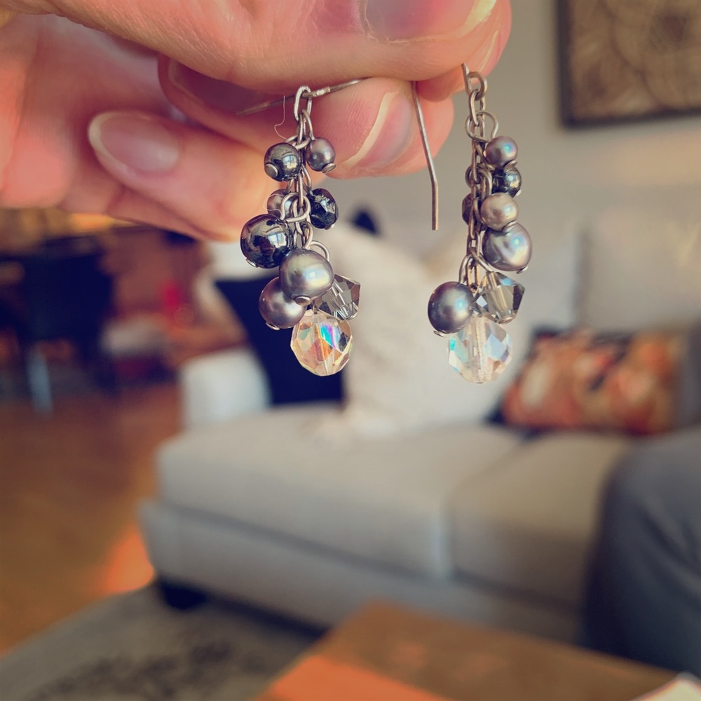 Silver gunmetal and crystal cluster earrings